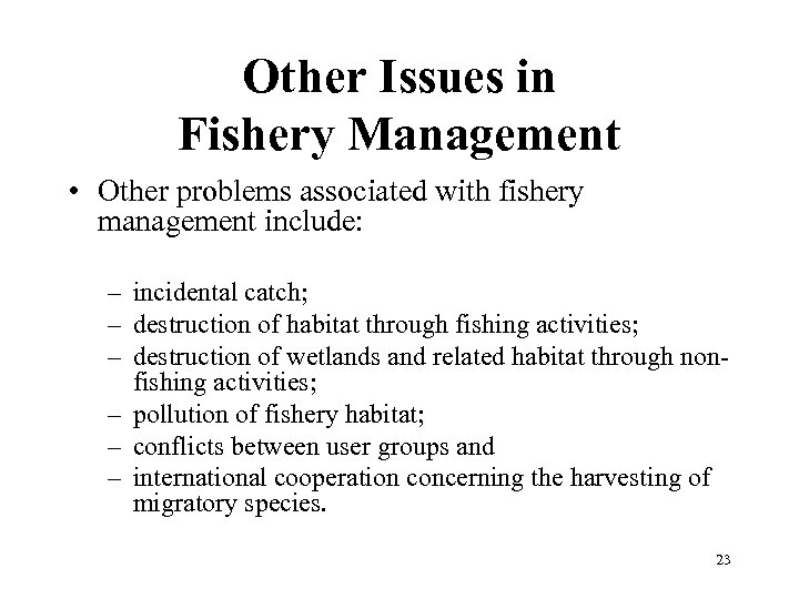 Other Issues in Fishery Management • Other problems associated with fishery management include: –