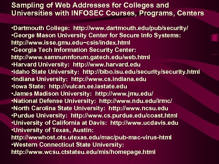 Sampling of Web Addresses for Colleges and Universities with INFOSEC Courses, Programs, Centers •