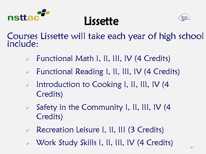 Lissette Courses Lissette will take each year of high school include: ü Functional Math