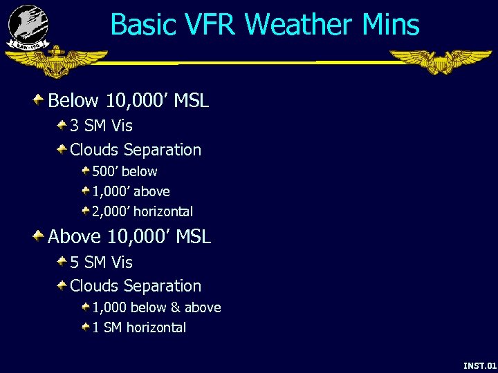 Basic VFR Weather Mins Below 10, 000’ MSL 3 SM Vis Clouds Separation 500’