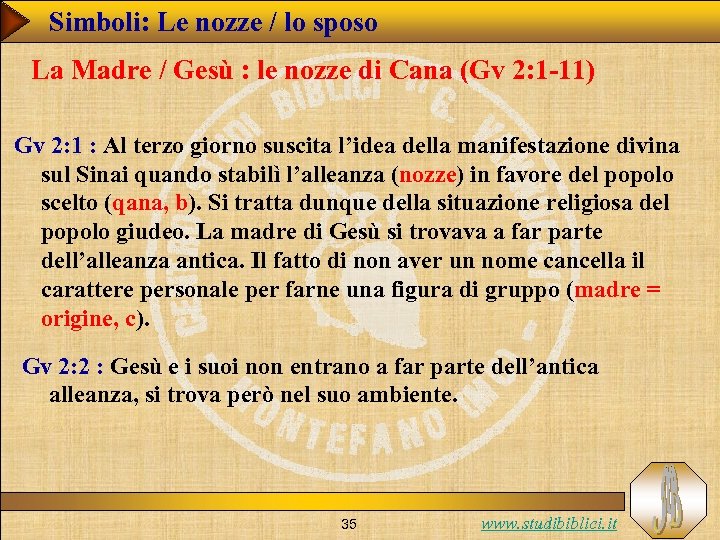 Simboli: Le nozze / lo sposo La Madre / Gesù : le nozze di