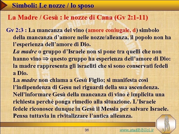 Simboli: Le nozze / lo sposo La Madre / Gesù : le nozze di