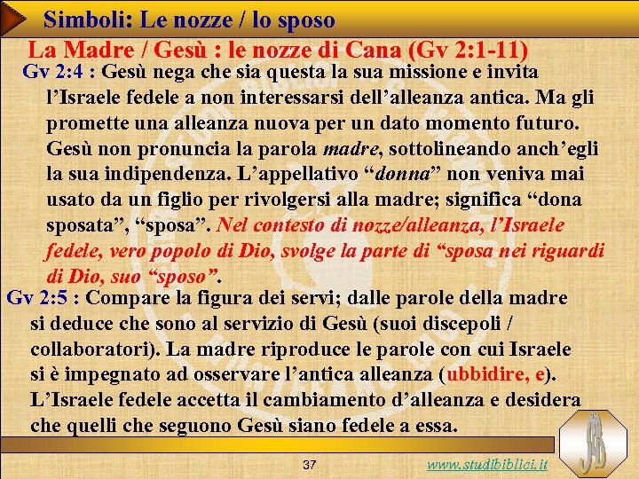 Simboli: Le nozze / lo sposo La Madre / Gesù : le nozze di
