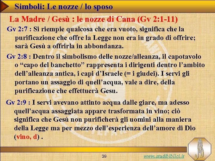 Simboli: Le nozze / lo sposo La Madre / Gesù : le nozze di
