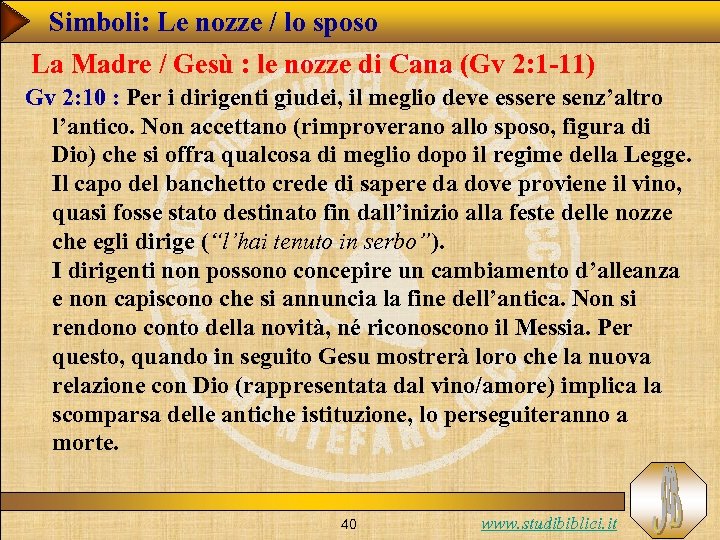 Simboli: Le nozze / lo sposo La Madre / Gesù : le nozze di