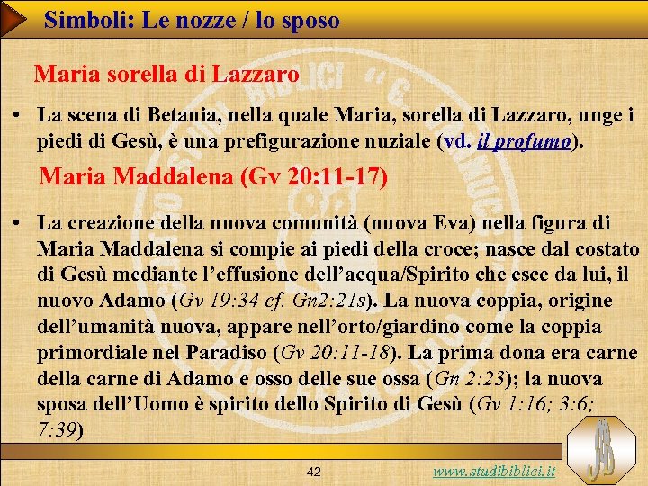 Simboli: Le nozze / lo sposo Maria sorella di Lazzaro • La scena di