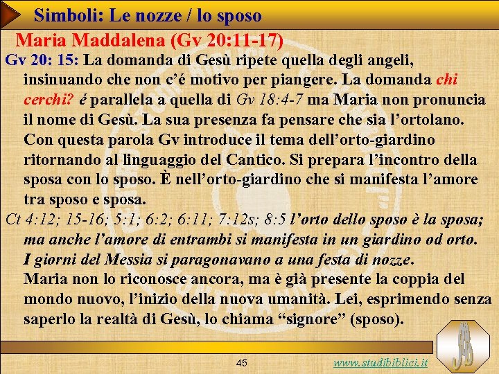 Simboli: Le nozze / lo sposo Maria Maddalena (Gv 20: 11 -17) Gv 20:
