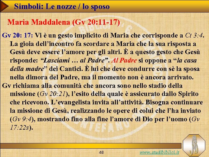 Simboli: Le nozze / lo sposo Maria Maddalena (Gv 20: 11 -17) Gv 20:
