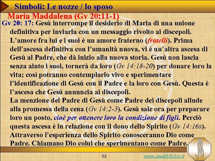 Simboli: Le nozze / lo sposo Maria Maddalena (Gv 20: 11 -1) Gv 20: