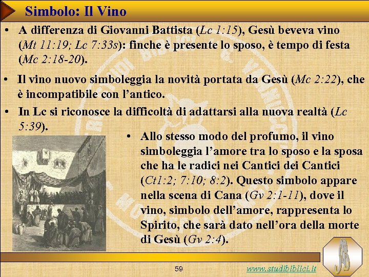Simbolo: Il Vino • A differenza di Giovanni Battista (Lc 1: 15), Gesù beveva