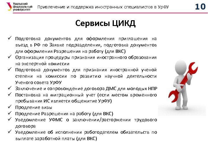 Привлечение и поддержка иностранных специалистов в Ур. ФУ Сервисы ЦИКД ü Подготовка документов для