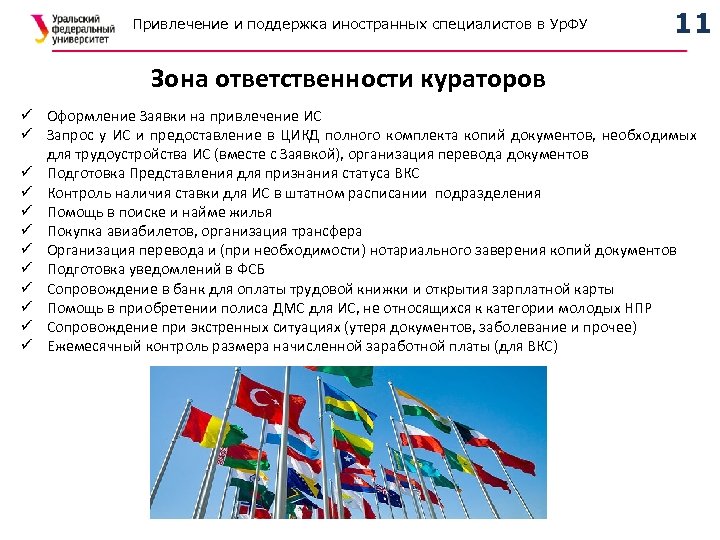 Привлечение и поддержка иностранных специалистов в Ур. ФУ 11 Зона ответственности кураторов ü Оформление