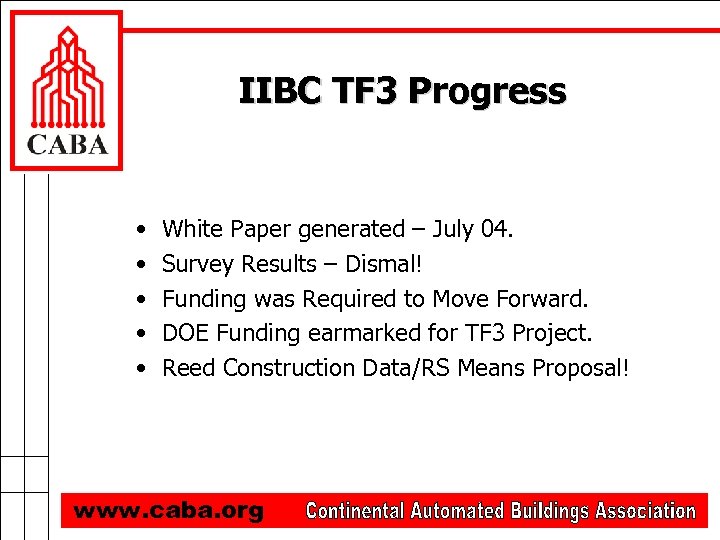 IIBC TF 3 Progress • • • White Paper generated – July 04. Survey
