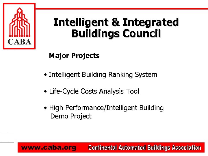 Intelligent & Integrated Buildings Council Major Projects • Intelligent Building Ranking System • Life-Cycle