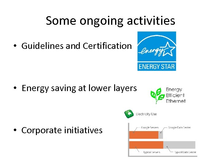 Some ongoing activities • Guidelines and Certification • Energy saving at lower layers •