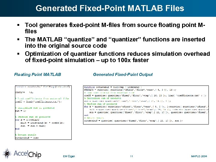 Generated Fixed-Point MATLAB Files § Tool generates fixed-point M-files from source floating point Mfiles