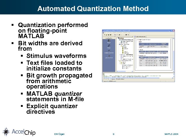 Automated Quantization Method § Quantization performed on floating-point MATLAB § Bit widths are derived