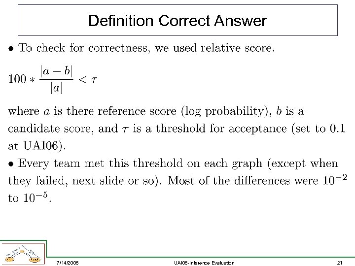 Definition Correct Answer 7/14/2006 UAI 06 -Inference Evaluation 21 