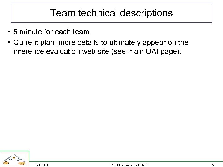 Team technical descriptions • 5 minute for each team. • Current plan: more details