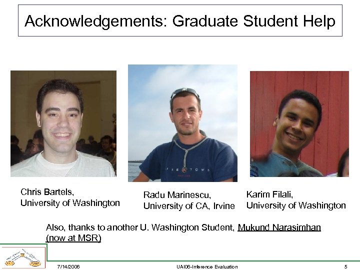 Acknowledgements: Graduate Student Help Chris Bartels, University of Washington Radu Marinescu, University of CA,