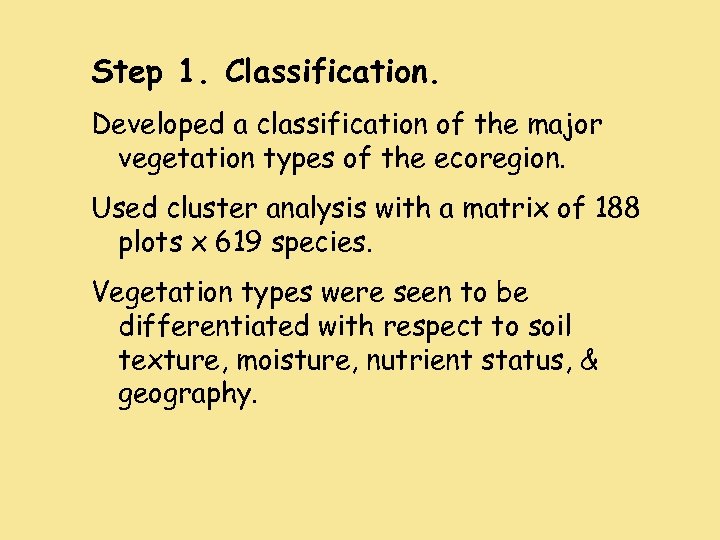 Step 1. Classification. Developed a classification of the major vegetation types of the ecoregion.