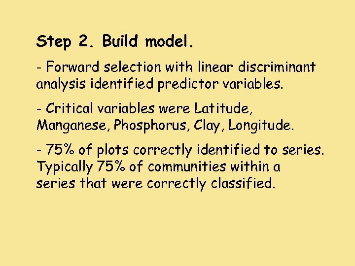 Step 2. Build model. - Forward selection with linear discriminant analysis identified predictor variables.