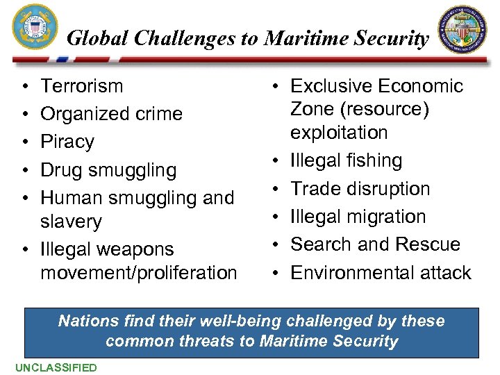 Global Challenges to Maritime Security • • • Terrorism Organized crime Piracy Drug smuggling