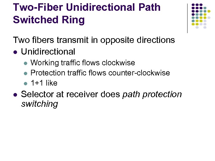 Two-Fiber Unidirectional Path Switched Ring Two fibers transmit in opposite directions Unidirectional Working traffic