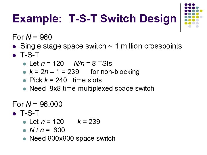 Example: T-S-T Switch Design For N = 960 Single stage space switch ~ 1