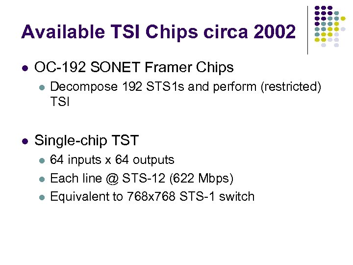 Available TSI Chips circa 2002 OC-192 SONET Framer Chips Decompose 192 STS 1 s