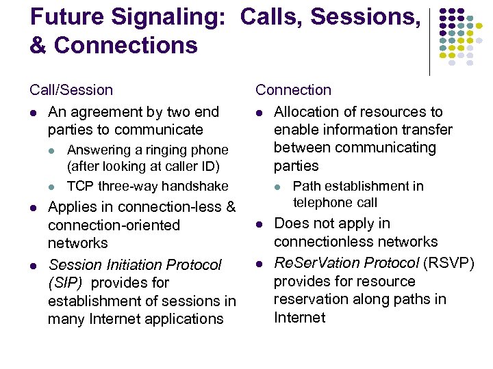 Future Signaling: Calls, Sessions, & Connections Call/Session An agreement by two end parties to