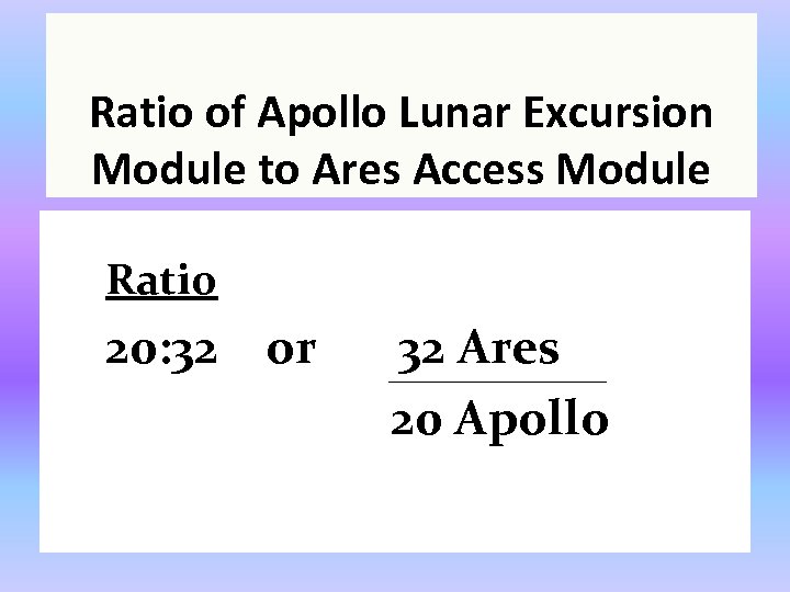 Ratio of Apollo Lunar Excursion Module to Ares Access Module Ratio 20: 32 or