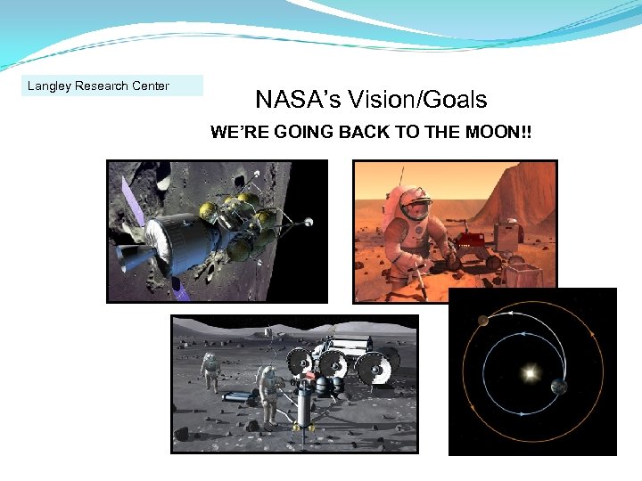 Langley Research Center NASA’s Vision/Goals WE’RE GOING BACK TO THE MOON!! 