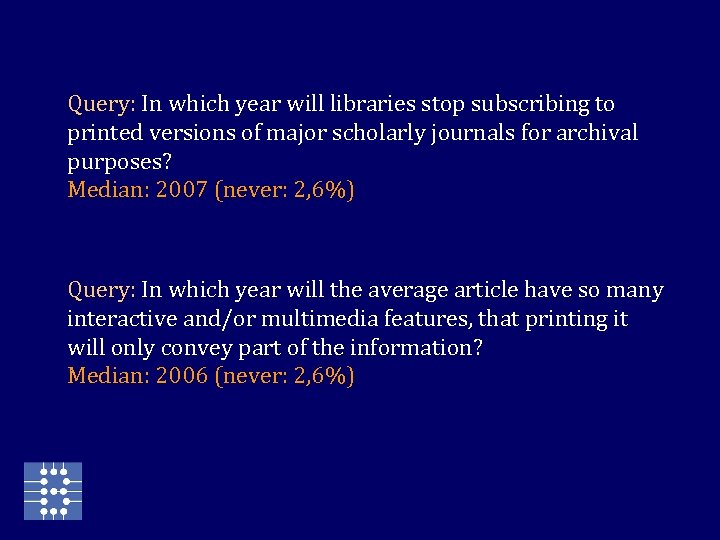 Query: In which year will libraries stop subscribing to printed versions of major scholarly