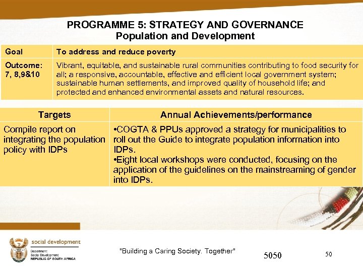 PROGRAMME 5: STRATEGY AND GOVERNANCE Population and Development Goal To address and reduce poverty
