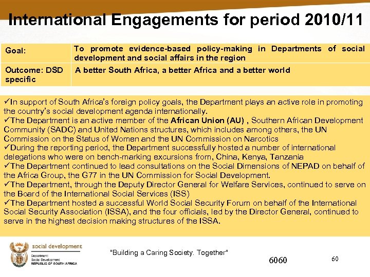 International Engagements for period 2010/11 Goal: Outcome: DSD specific To promote evidence-based policy-making in