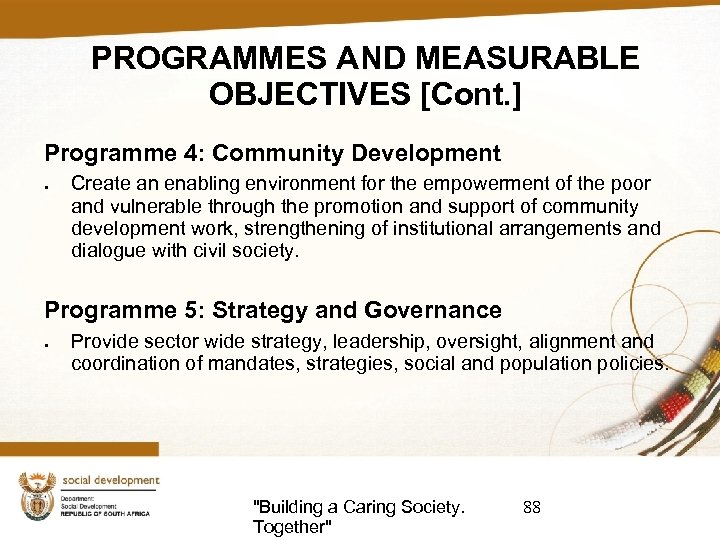 PROGRAMMES AND MEASURABLE OBJECTIVES [Cont. ] Programme 4: Community Development Create an enabling environment