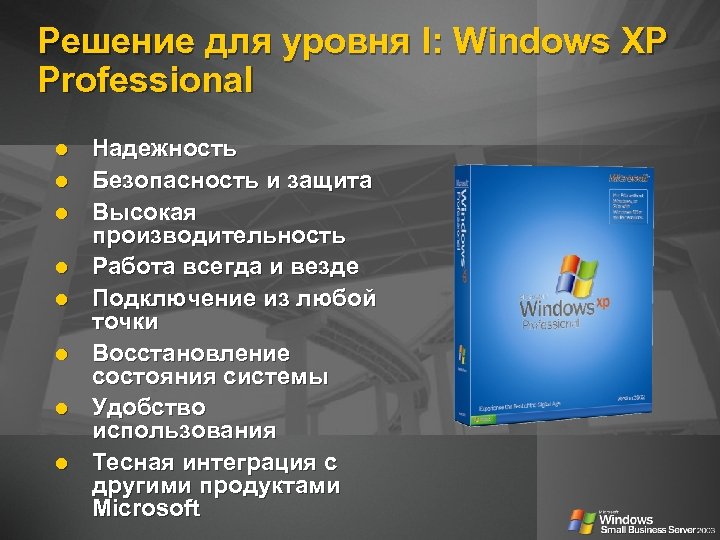 Решение для уровня I: Windows XP Professional Надежность Безопасность и защита Высокая производительность Работа