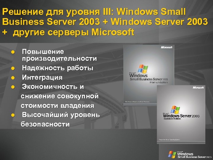 Решение для уровня III: Windows Small Business Server 2003 + Windows Server 2003 +