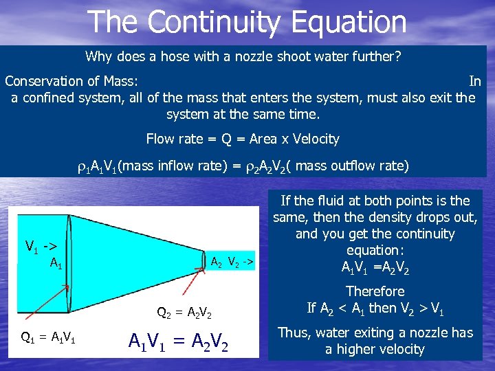The Continuity Equation Why does a hose with a nozzle shoot water further? Conservation
