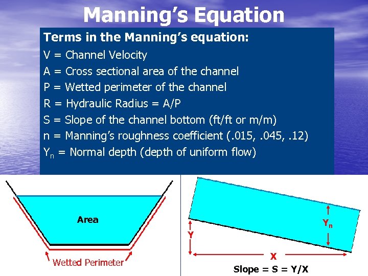 Manning’s Equation Terms in the Manning’s equation: V = Channel Velocity A = Cross