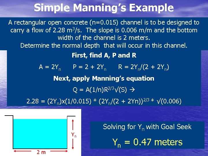 Simple Manning’s Example A rectangular open concrete (n=0. 015) channel is to be designed