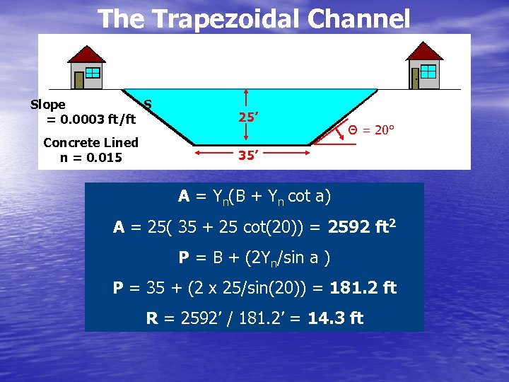 The Trapezoidal Channel Slope S = 0. 0003 ft/ft 25’ Concrete Lined n =