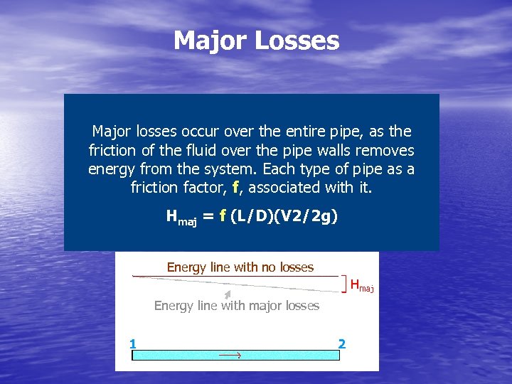 Major Losses Major losses occur over the entire pipe, as the friction of the