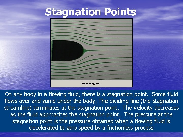 Stagnation Points On any body in a flowing fluid, there is a stagnation point.