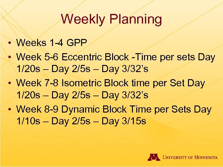 Weekly Planning • Weeks 1 -4 GPP • Week 5 -6 Eccentric Block -Time