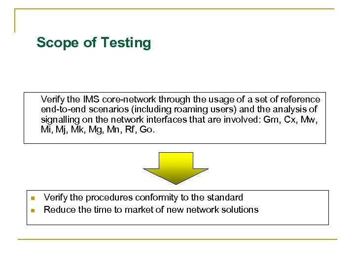 Scope of Testing Verify the IMS core-network through the usage of a set of