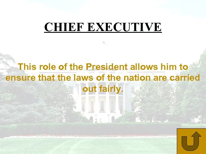 CHIEF EXECUTIVE This role of the President allows him to ensure that the laws