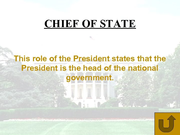 CHIEF OF STATE This role of the President states that the President is the