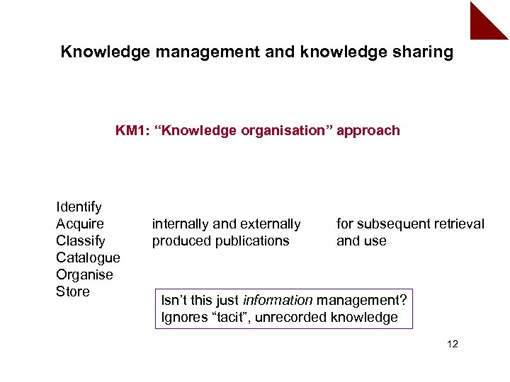 Knowledge management and knowledge sharing KM 1: “Knowledge organisation” approach Identify Acquire Classify Catalogue